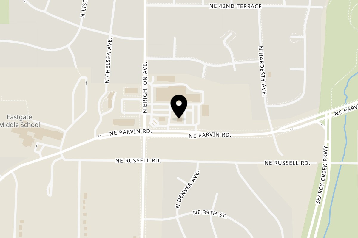 Map showing the location of Texas Toms on 5018 NE Parvin Rd #2050 in Kansas City